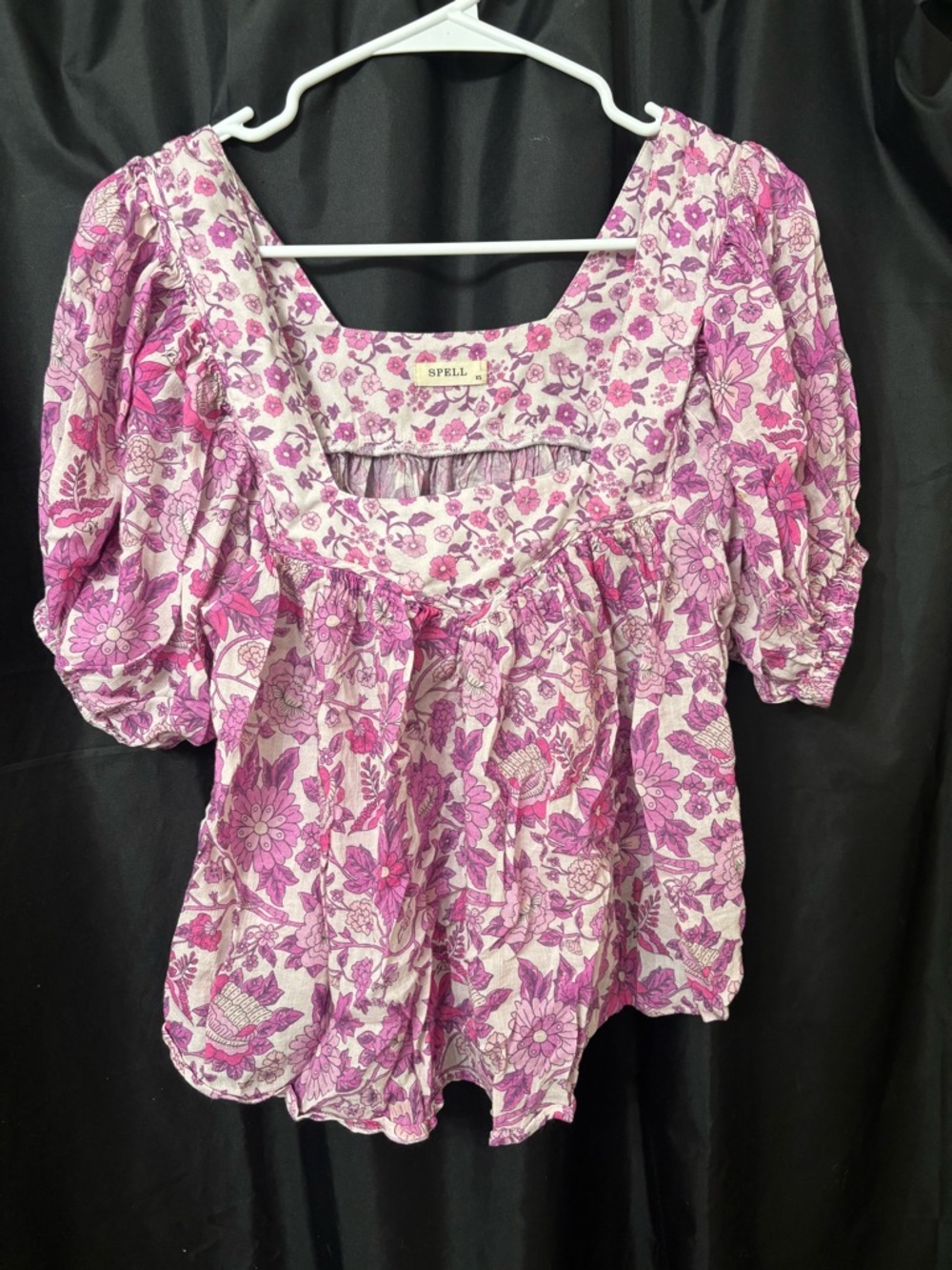 Spell Pink Floral Puff-Sleeve Boho Peasant Top